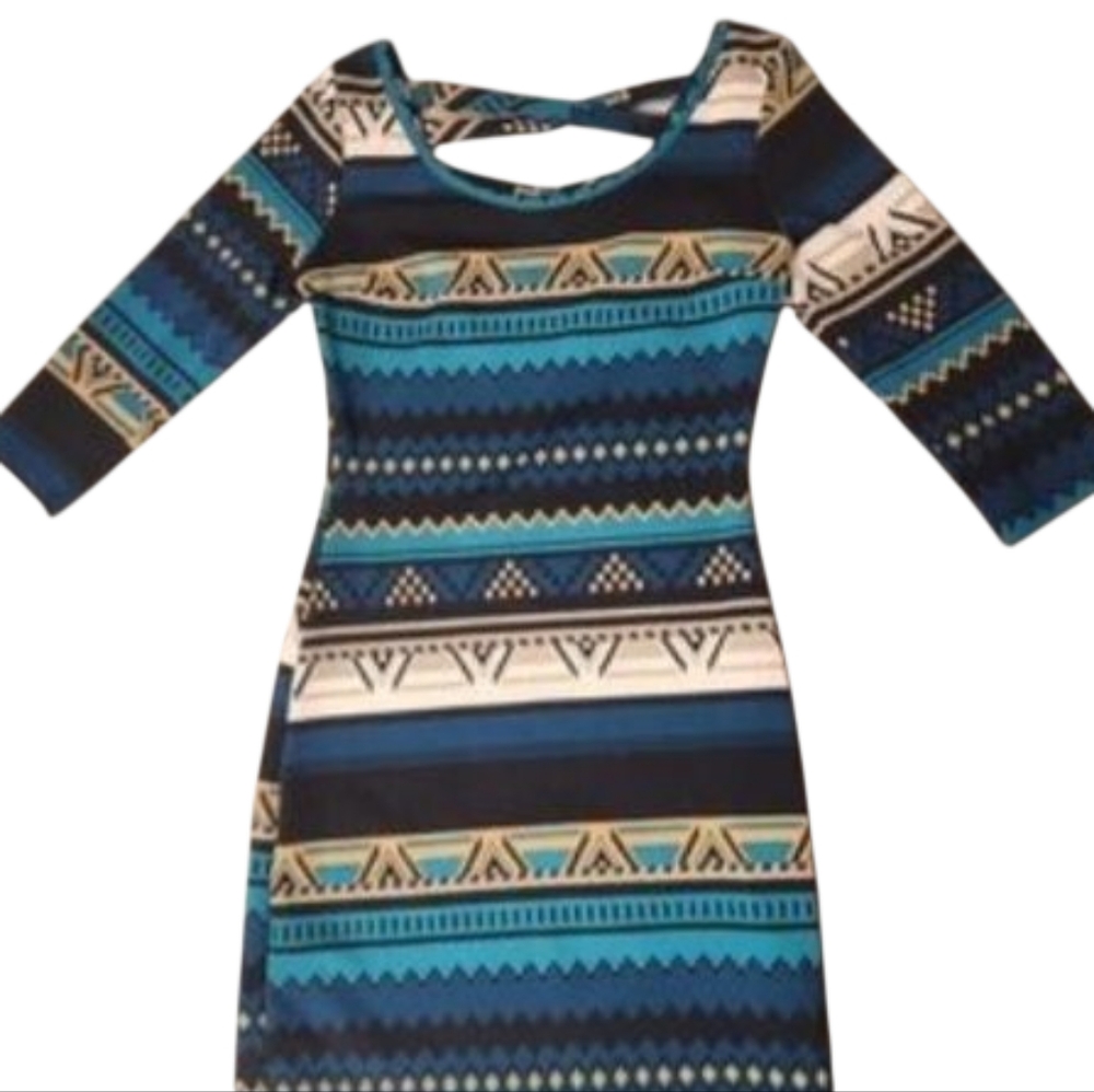 Vanilla Bay Tribal Print Mini Dress in Blue and Black